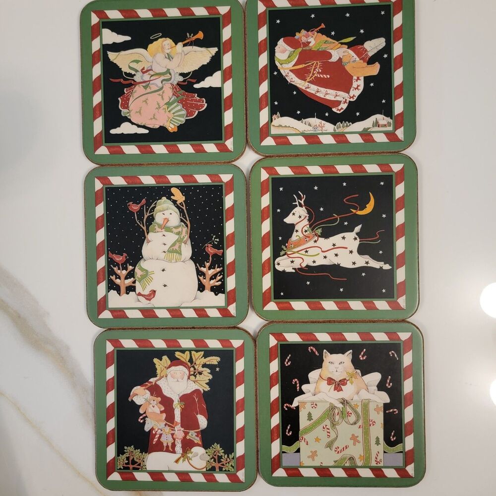 Pimpernel CANDY STICKS 6 Set Vintage Christmas Themed Cork Backed Wood Coasters